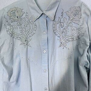 Vtg Elite Western Light Blue Button-Up Shirt W/ Pearl & Bead Floral Design M